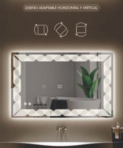 Espejo decorativo rectangular LED con diseño minimalista y grabado personalizado.