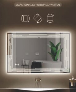 Espejo moderno rectangular LED con borde luminoso y acabado brillante.