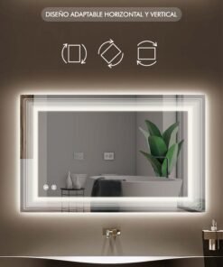 Espejo inteligente LED rectangular con luz de tres tonos y control táctil frontal.