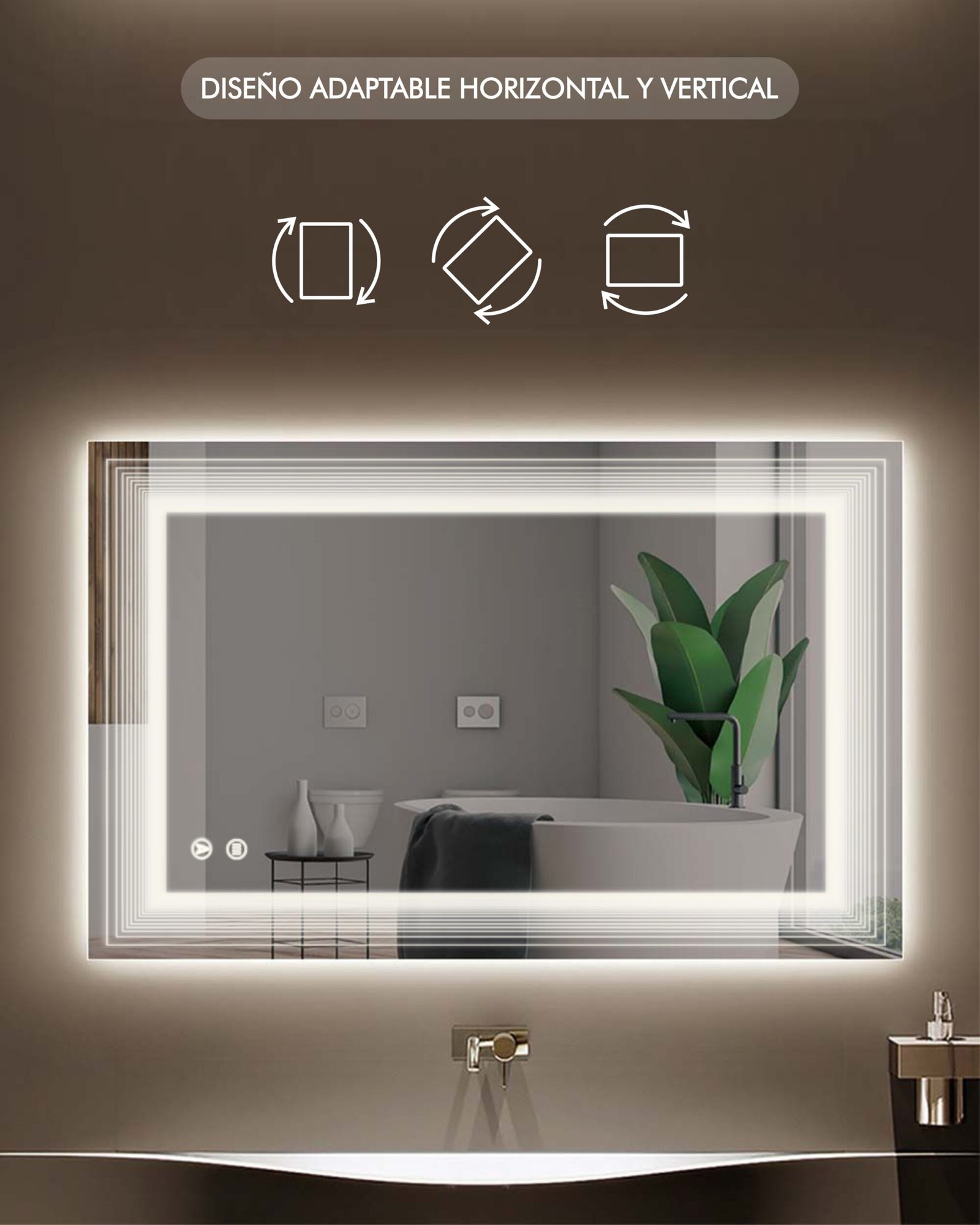 Espejo inteligente LED rectangular con luz de tres tonos y control táctil frontal.