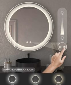 Espejo circular con tecnología LED, desempañador y grabado láser personalizado.