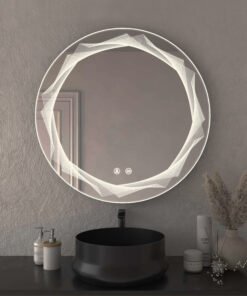 Espejo circular con tecnología LED, desempañador y grabado láser personalizado.