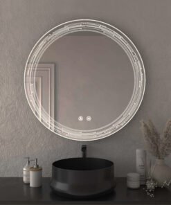Espejo redondo con luz LED regulable y grabado láser inteligente para baño.