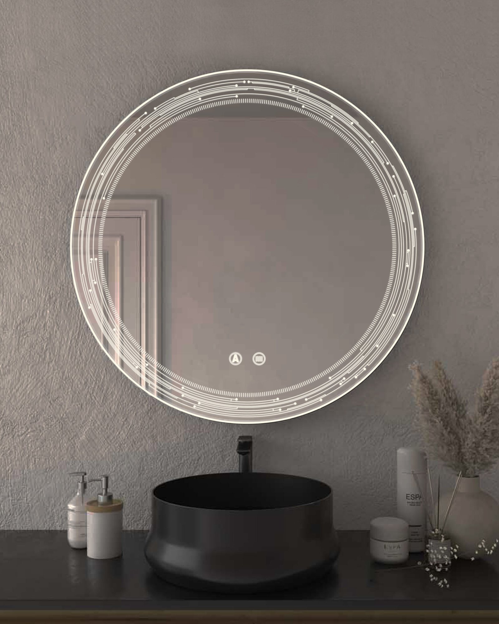 Espejo redondo con luz LED regulable y grabado láser inteligente para baño.